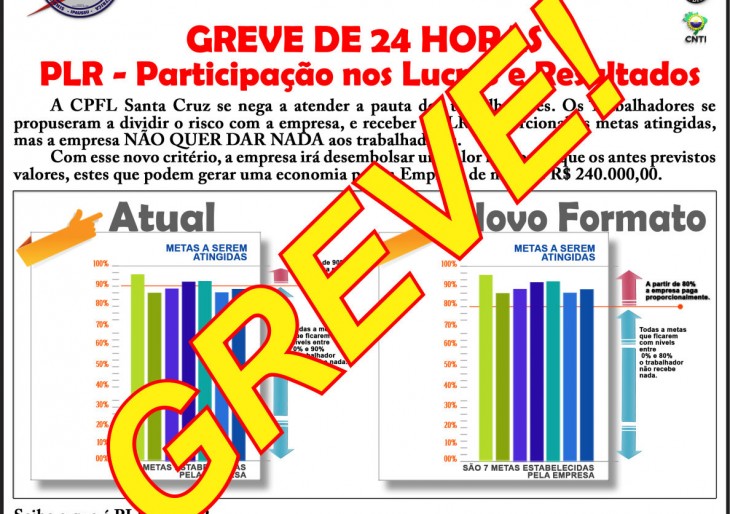 ELETRICITÁRIOS DA CPFL ENTRAM EM GREVE A PARTIR DA ZERO HORA (00:00h) DO DIA 31/08/2015