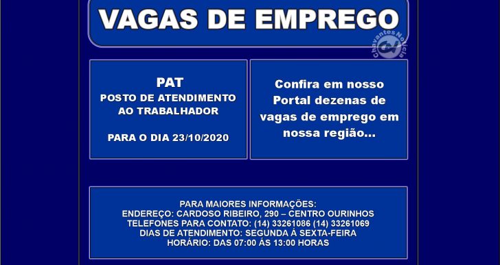 VAGAS DE EMPREGOS DISPONÍVEIS NO PAT PARA O DIA 23/10/2020