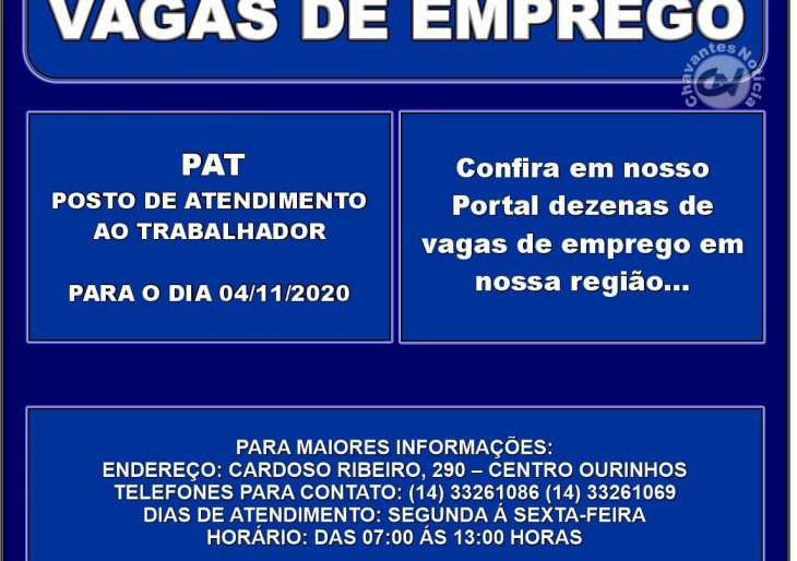 VAGAS DE EMPREGOS DISPONÍVEIS NO PAT PARA O DIA 04/11/2020